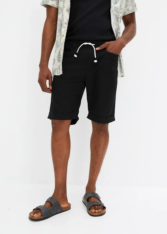 Bermudas elásticas de mezcla de lino, corte regular Negro