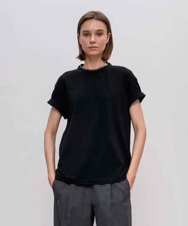 Brunello Cucinelli Black t-shirt with monil chain