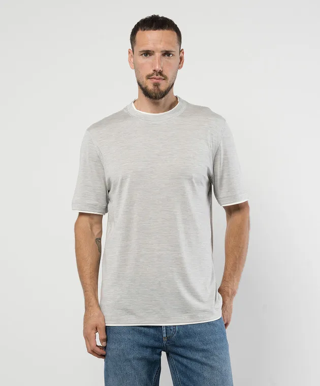 Brunello Cucinelli Gray melange t-shirt with layered silk