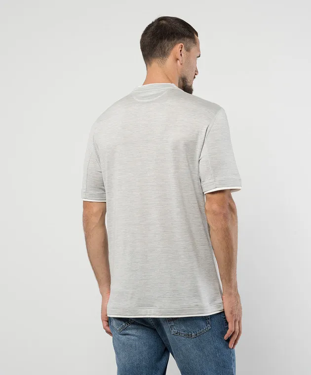 Brunello Cucinelli Gray melange t-shirt with layered silk