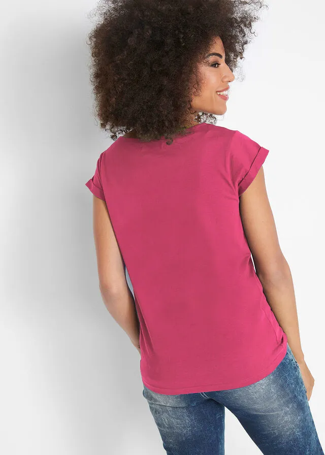 Camiseta de algodón, manga corta fucsia