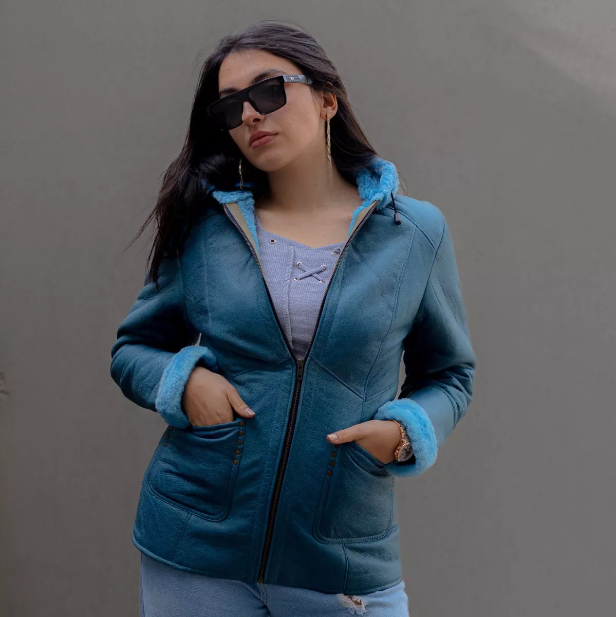 Campera De Cuero De Oveja De Mujer Azul - Modelo: 304