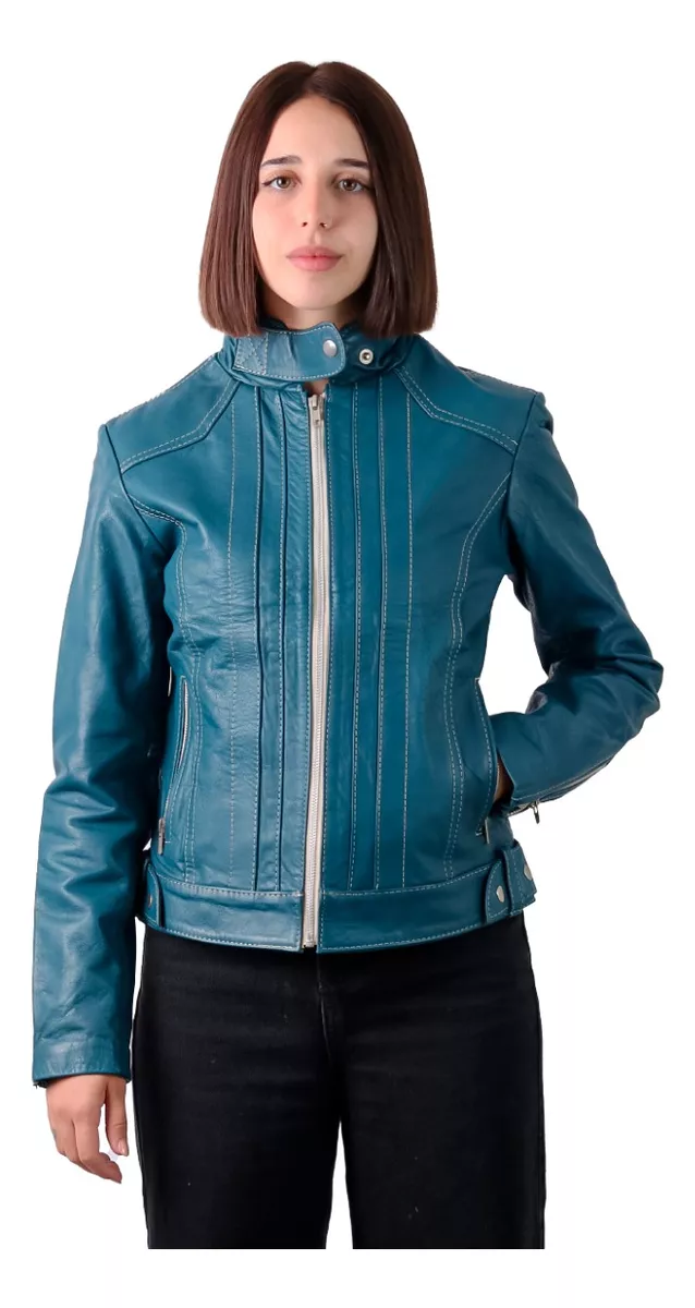 Campera De Cuero Vacuno 100% Legitimo De Mujer Azul - 121