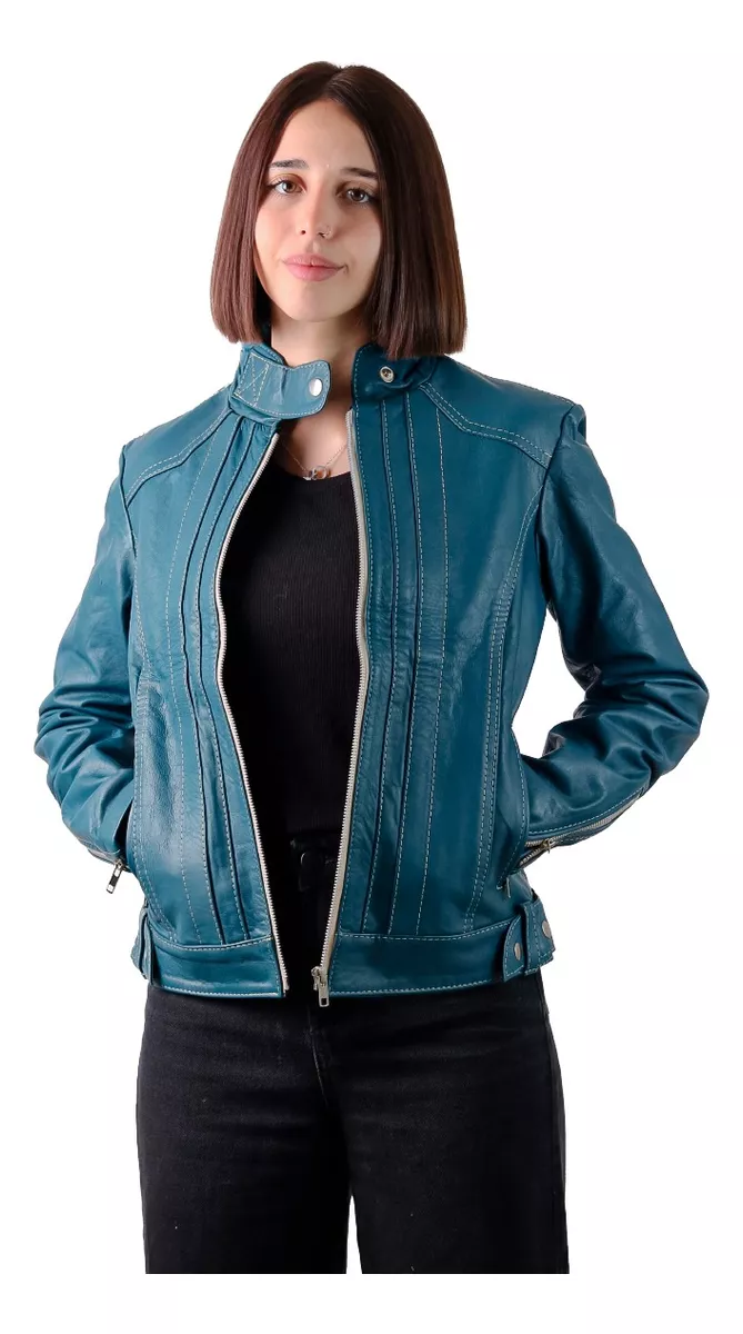 Campera De Cuero Vacuno 100% Legitimo De Mujer Azul - 121