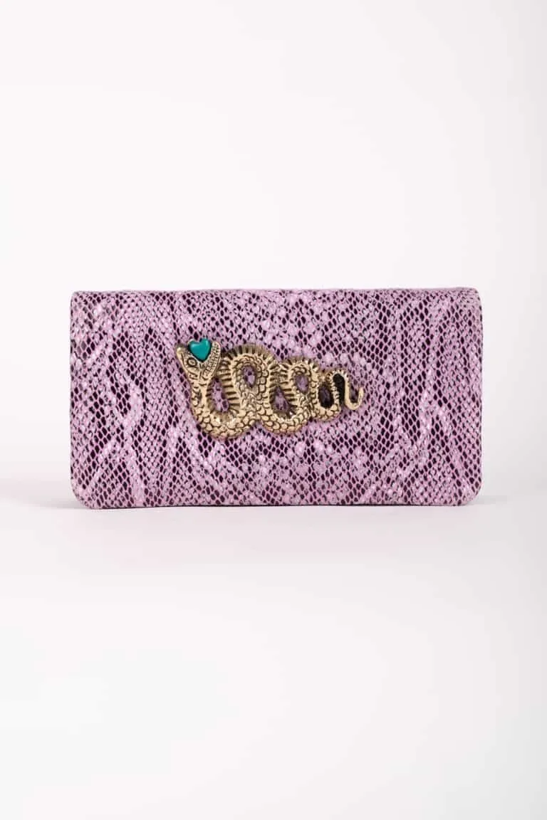 Cartera joya piel serpiente lila