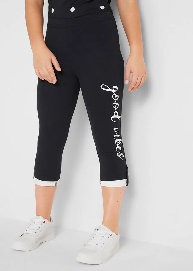 Leggings 3/4 de algodón orgánico para niñas Negro-blanco