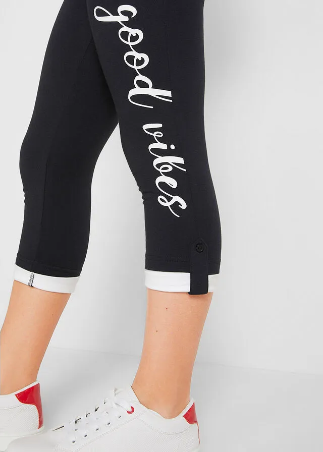 Leggings 3/4 de algodón orgánico para niñas Negro-blanco