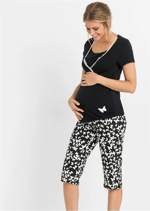 Pijama capri de lactancia de algodón Negro estampado