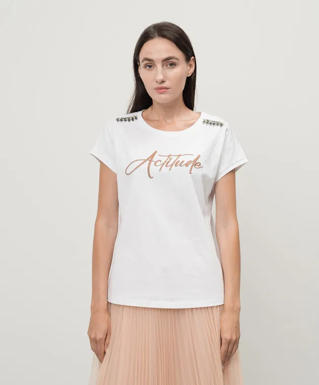 Twinset Actitude White t-shirt with embroidery and crystals