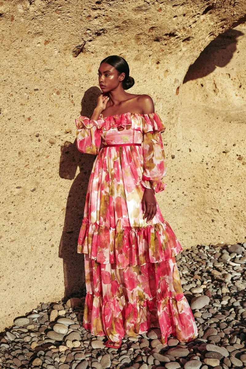 Vestido largo gasa estampado flores rojas  manga larga El Salto