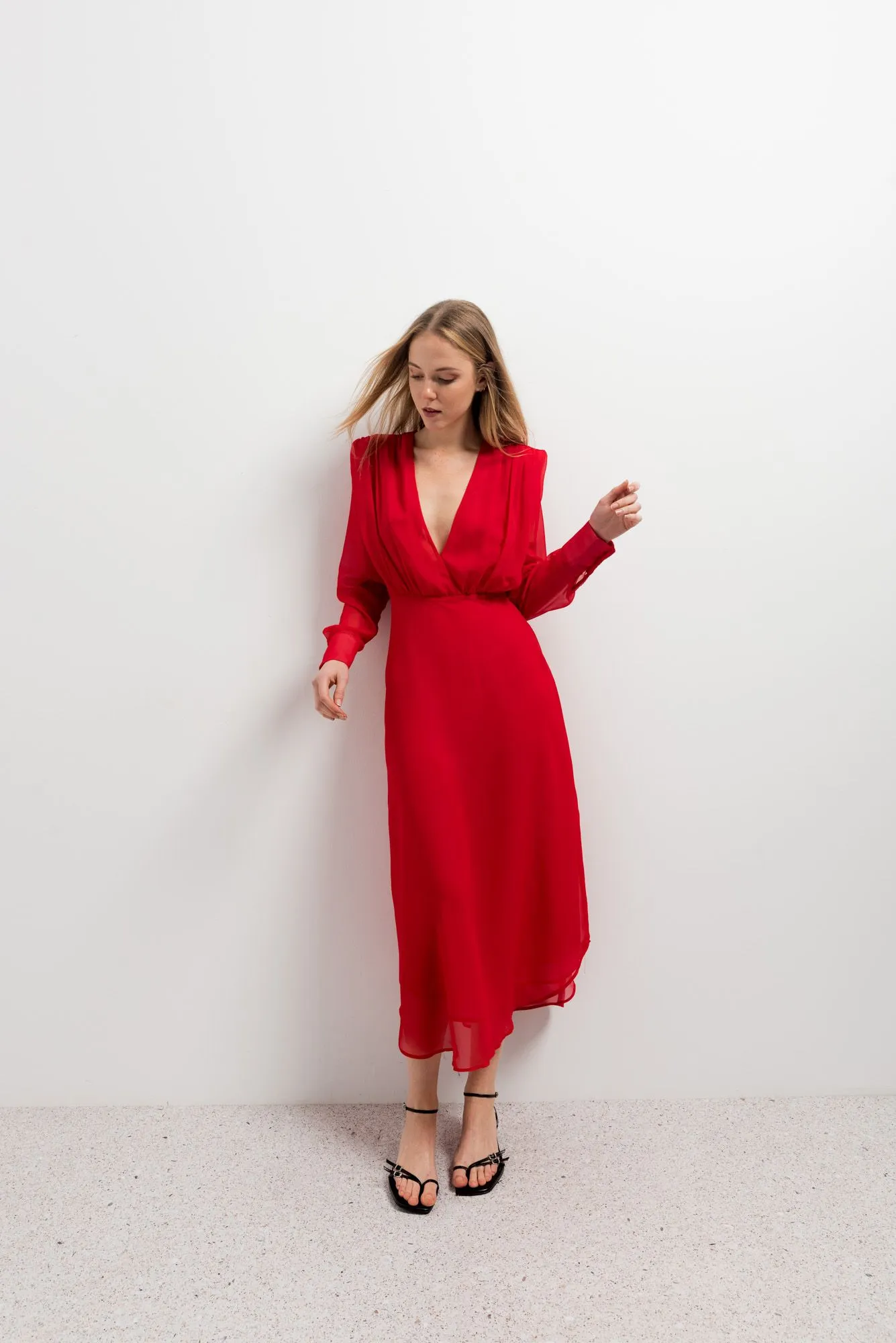 Vestido midi de gasa largo para mujer cintura drapeadas color rojo