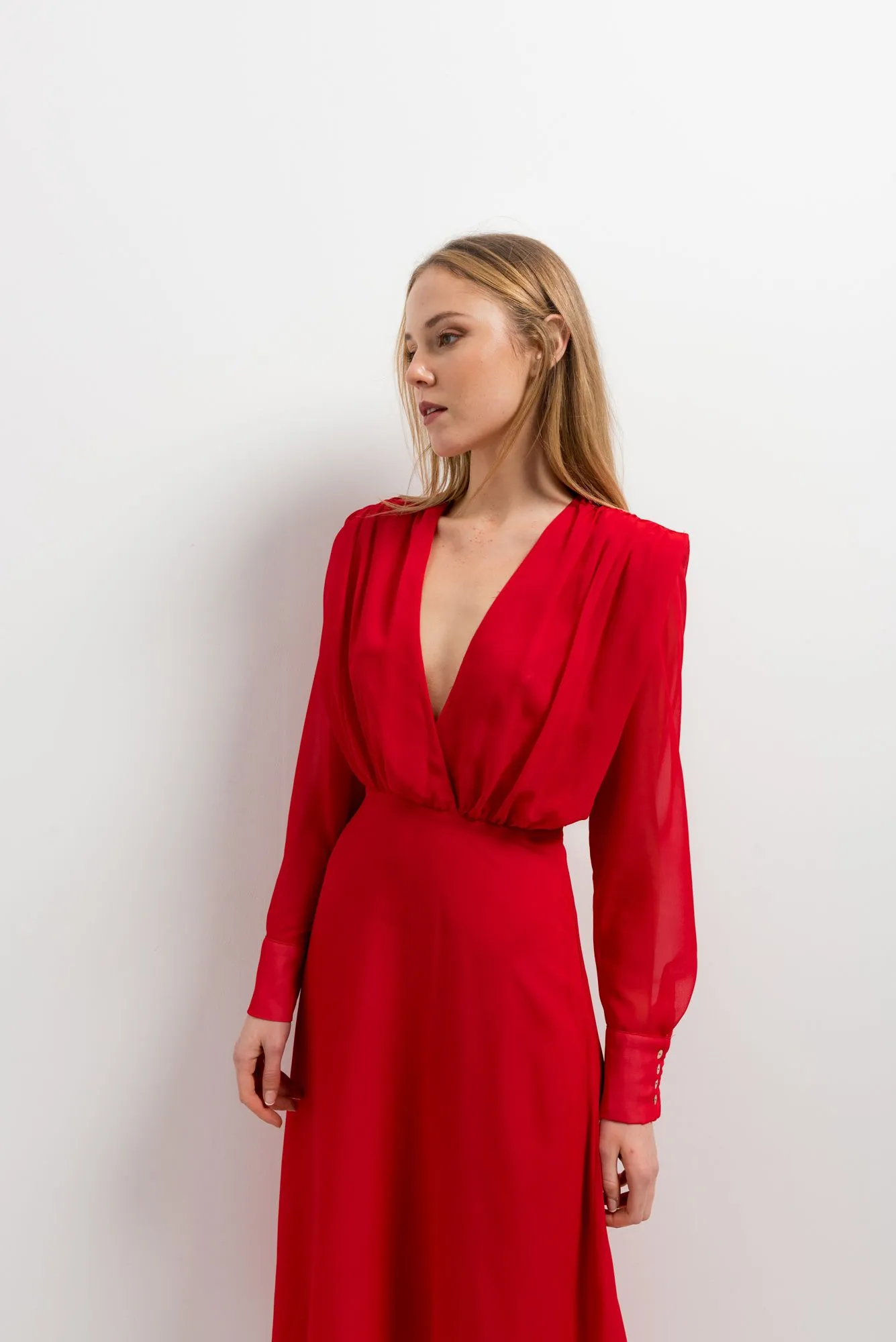 Vestido midi de gasa largo para mujer cintura drapeadas color rojo