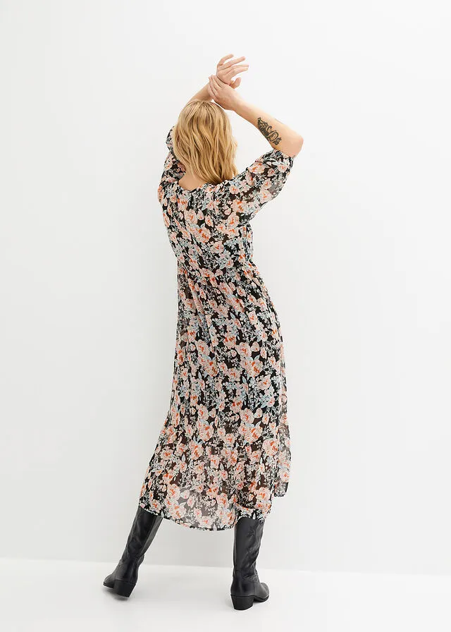 Vestido midi de gasa Negro de flores