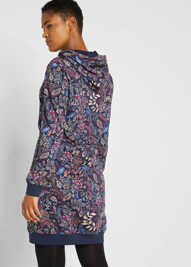 Vestido tipo sudadera estampado de manga larga Azul oscuro con patrón Paisley