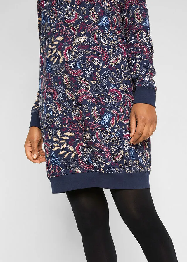 Vestido tipo sudadera estampado de manga larga Azul oscuro con patrón Paisley