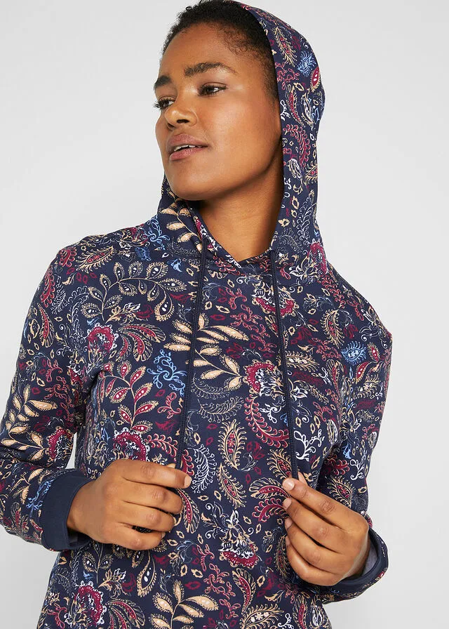 Vestido tipo sudadera estampado de manga larga Azul oscuro con patrón Paisley